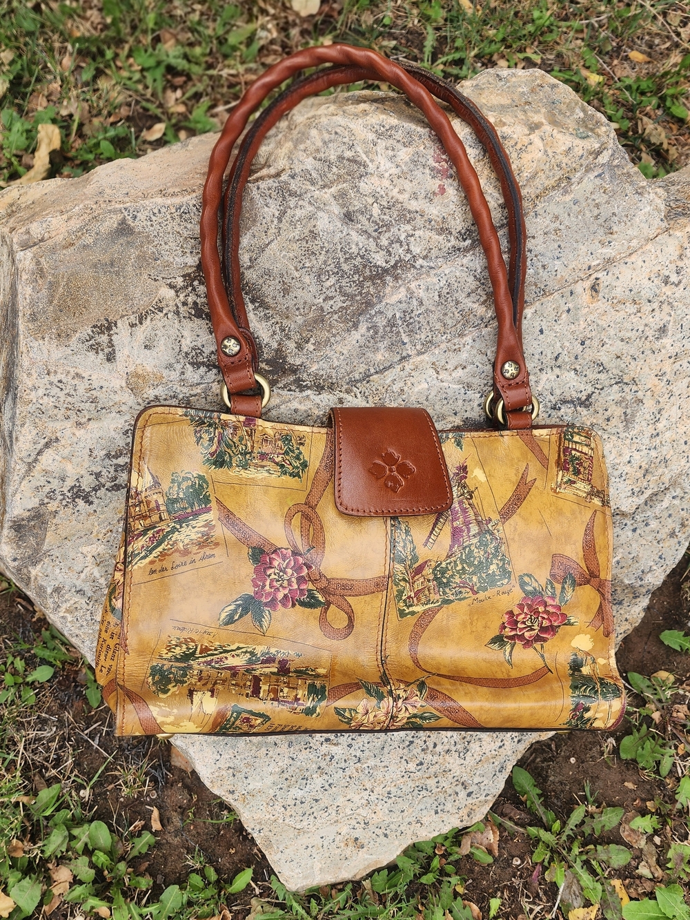 PATRICIA NASH Floral Vintage-Print Leather Tote Bag in Mustard and Brown